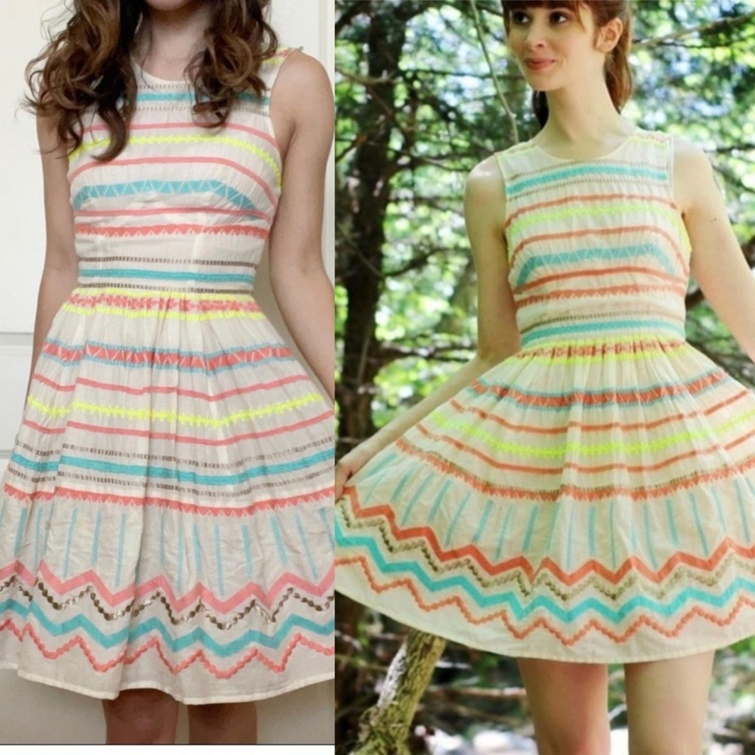Anthropologie Plenty tracy reese sunglow embroidered striped fit flare dress 6
