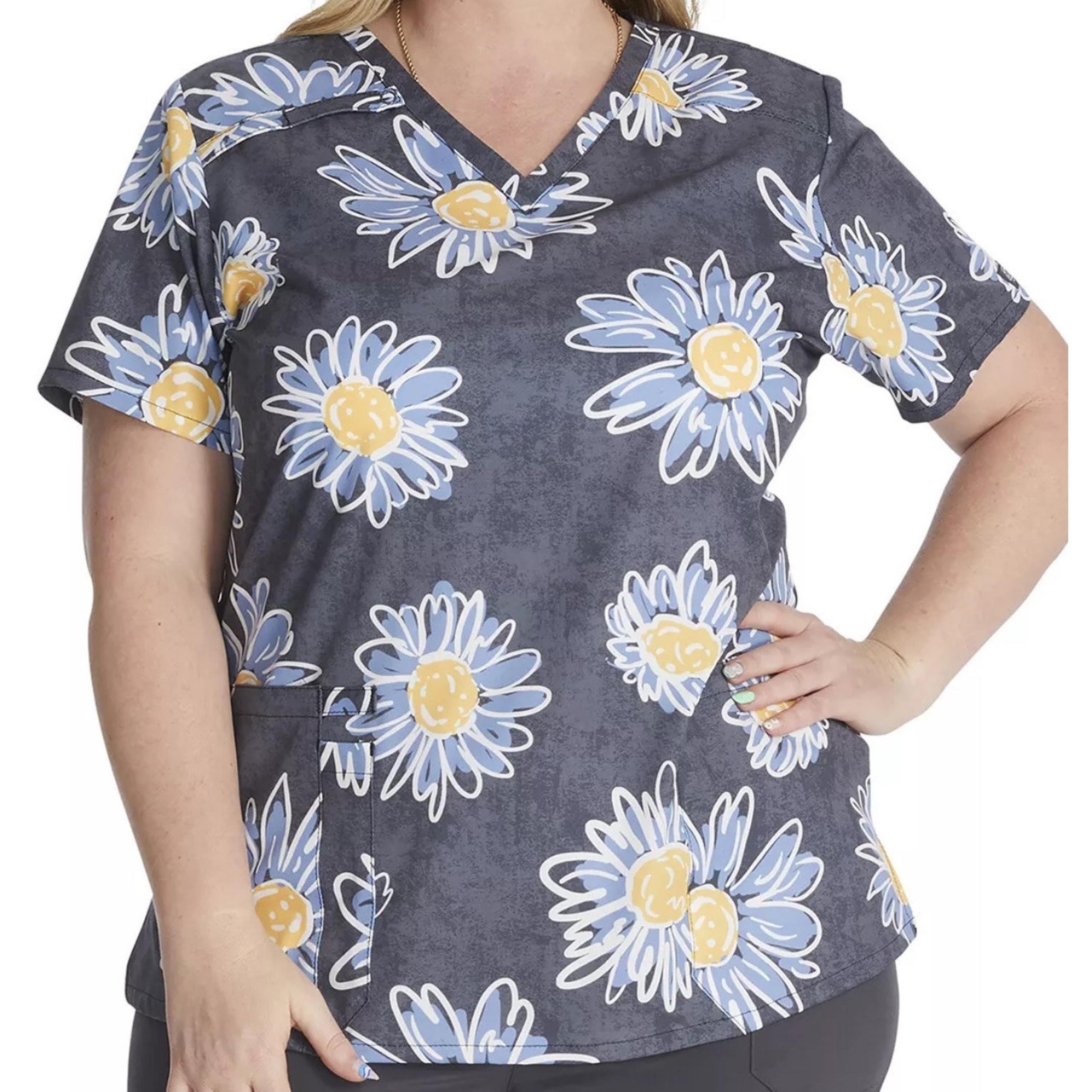 Sunflower Doodle Dickies Scrubs Top Medical Size Large NWT