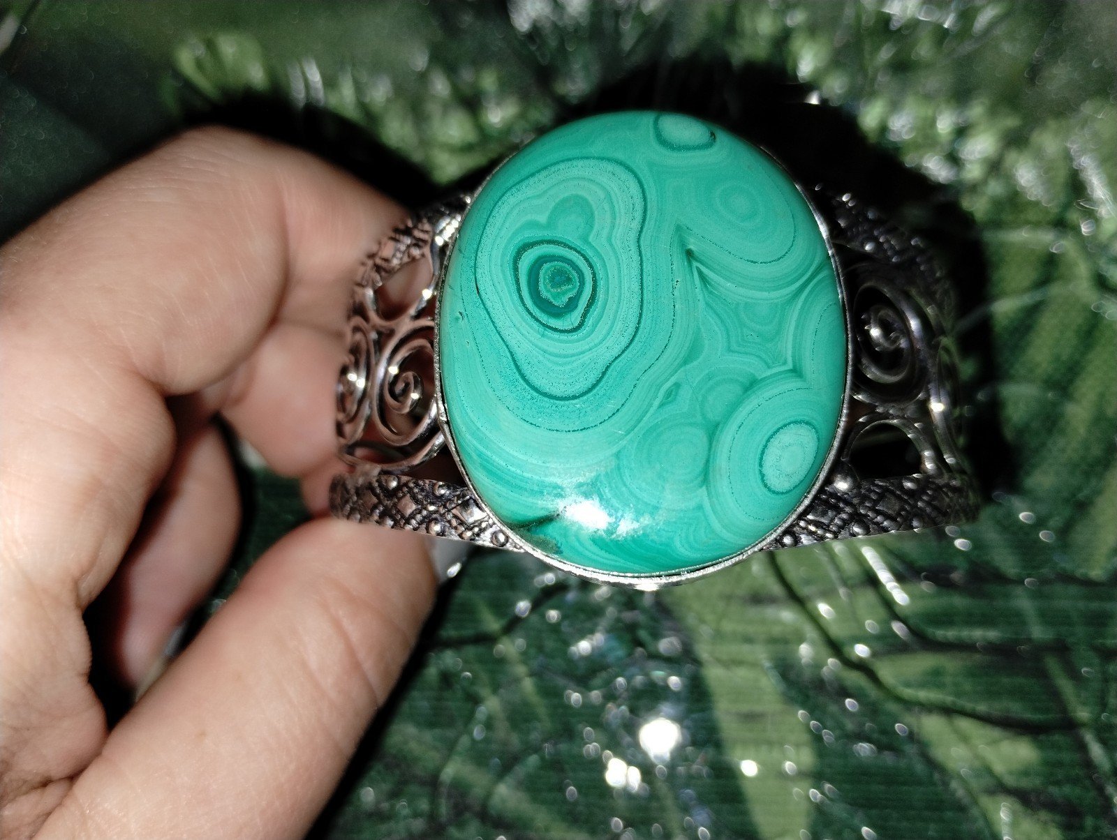 Large Malachite Stone Bracelet 925 silver