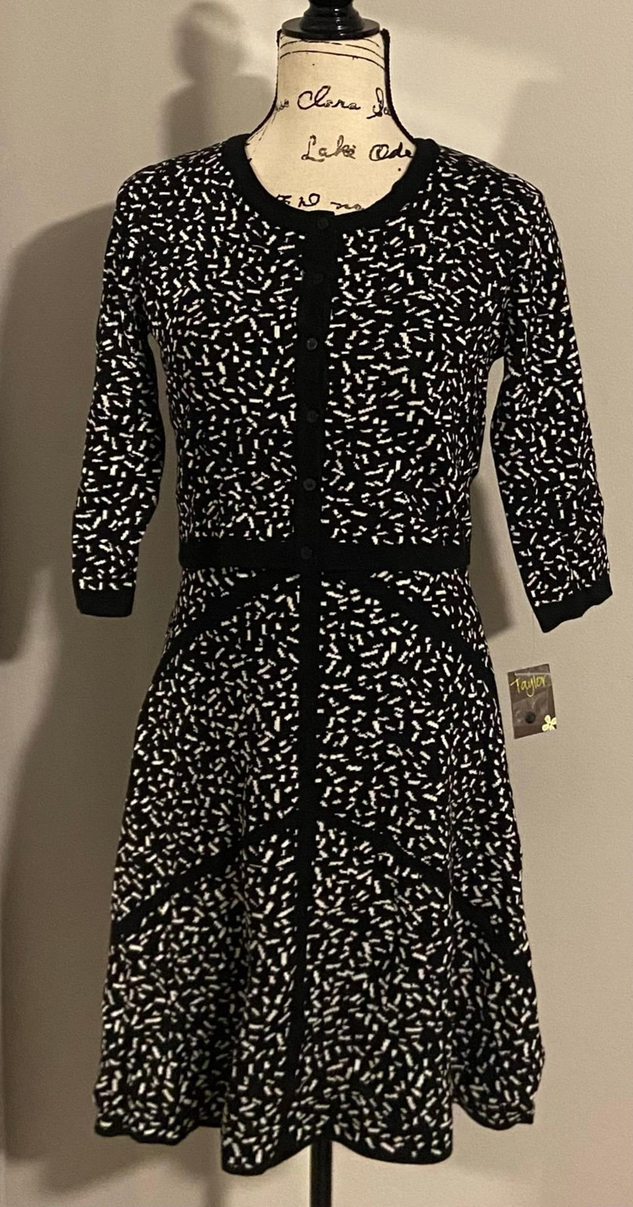 NWT Taylor 2-Piece Sweater Dress & Cardigan Set Black & White Size Medium $118