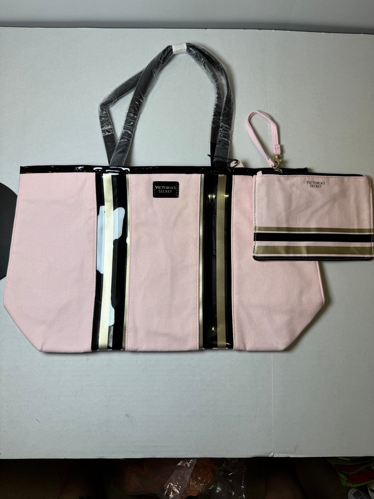 Victoria Secret TRAVEL Glass Stripe City Tote Bag BEACH Wristlet Pink Black Ltd