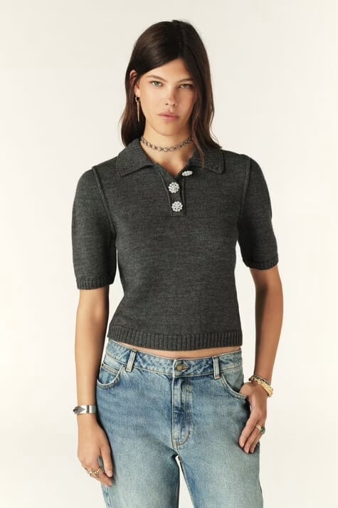 NWOT Ba&sh Gray Wool Cropped Polo Sweater with Jewel Buttons