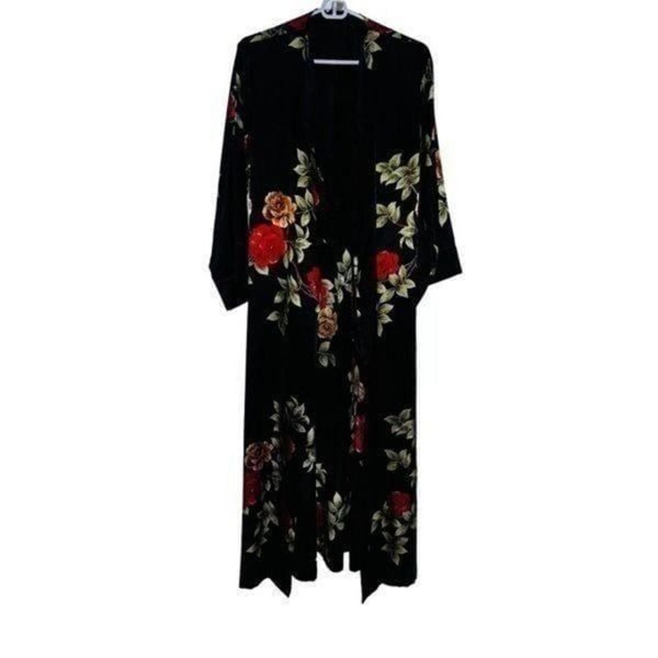 Jones New York Satin polyester women’s black flower stamp robe attached belt siz