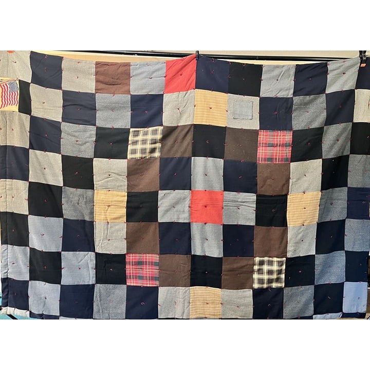 Vintage Large Block Scrap Quilt Rose Print Back Flag Detail 86 x 60 READ