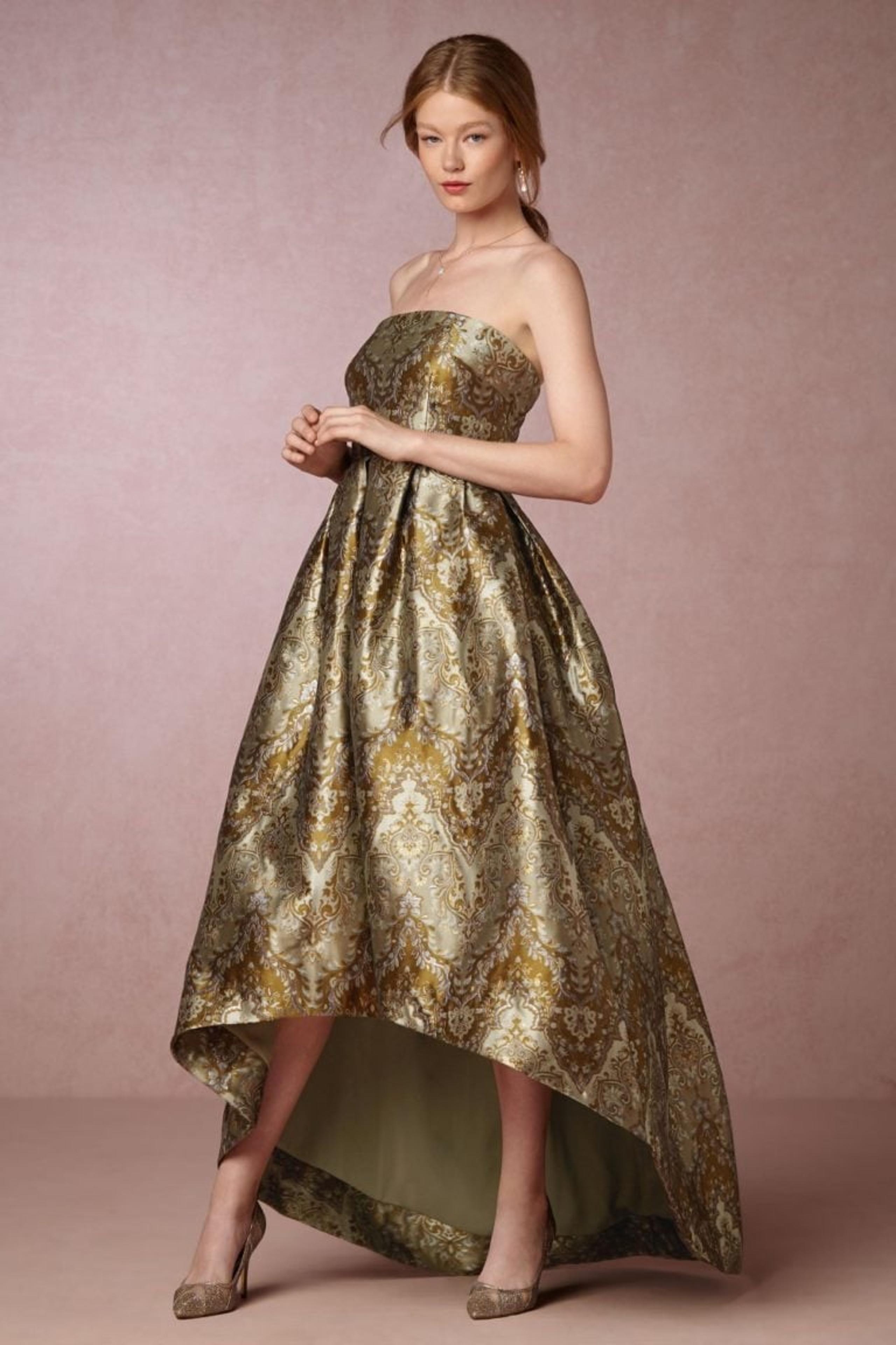 Cynthia Rowley - Green Metallic Brocade Print Strapless High-Low Gown
