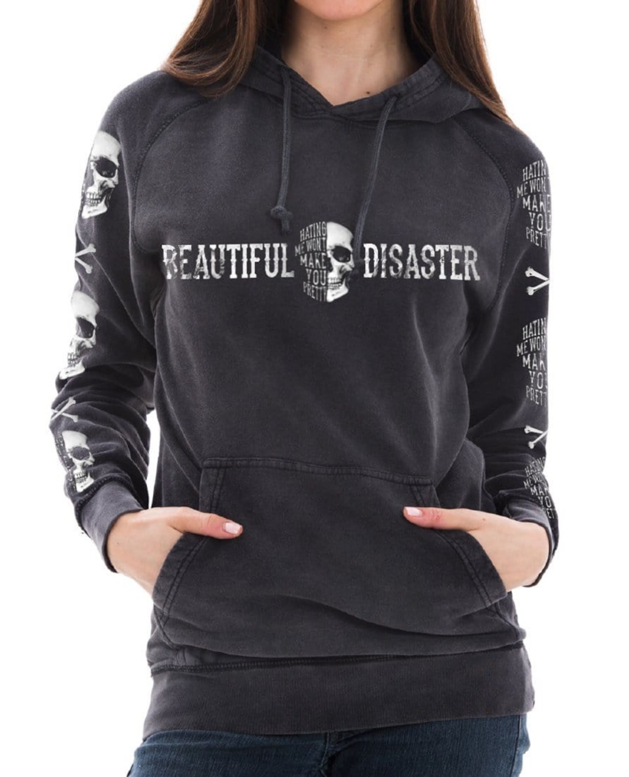 Hating Me Skull Mineral Wash Pullover Hoodie by Beautiful Disaster Size M New