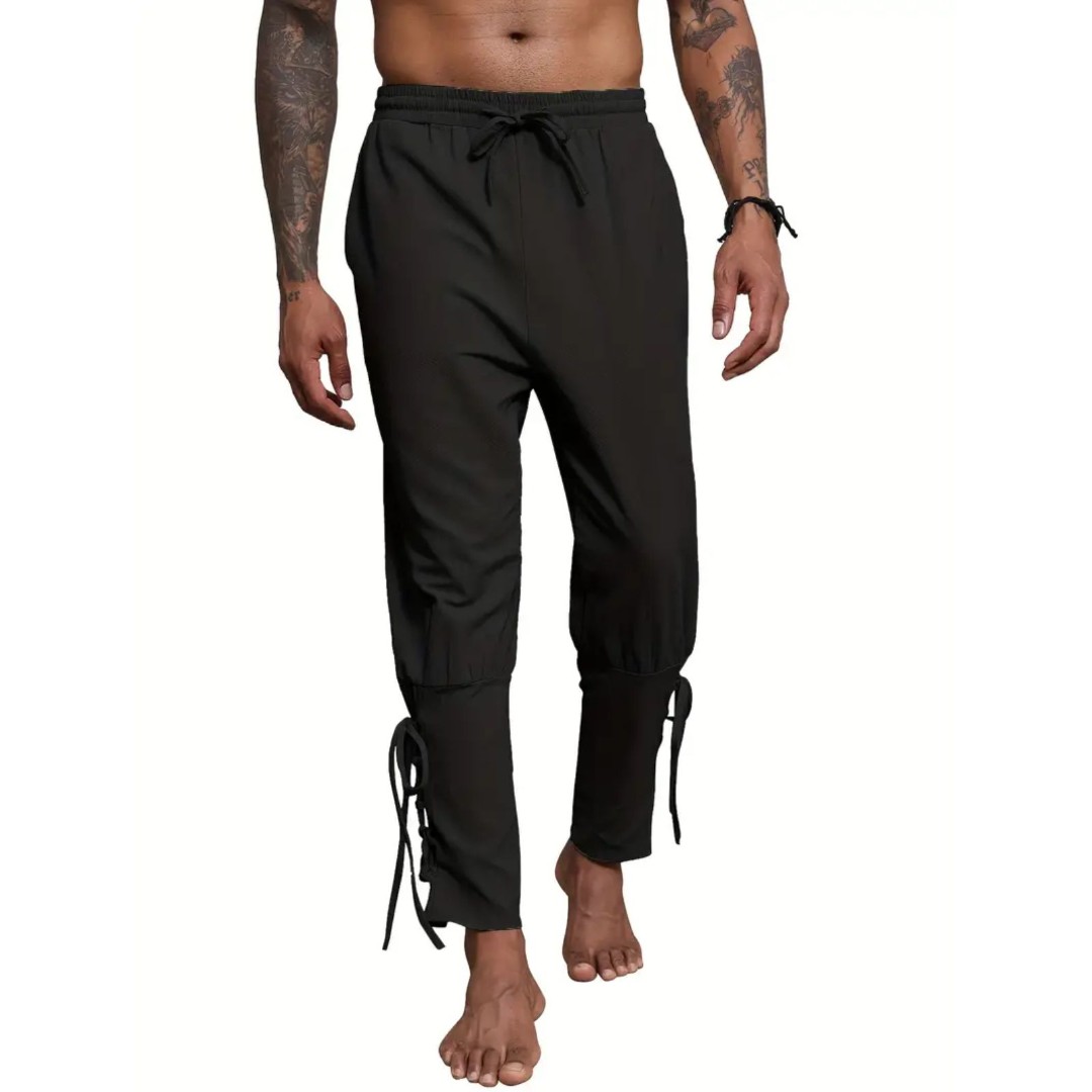 Cotton & Linen Blend Lace Up Bottom Beach Medieval Pirate Pants black XXXL 40