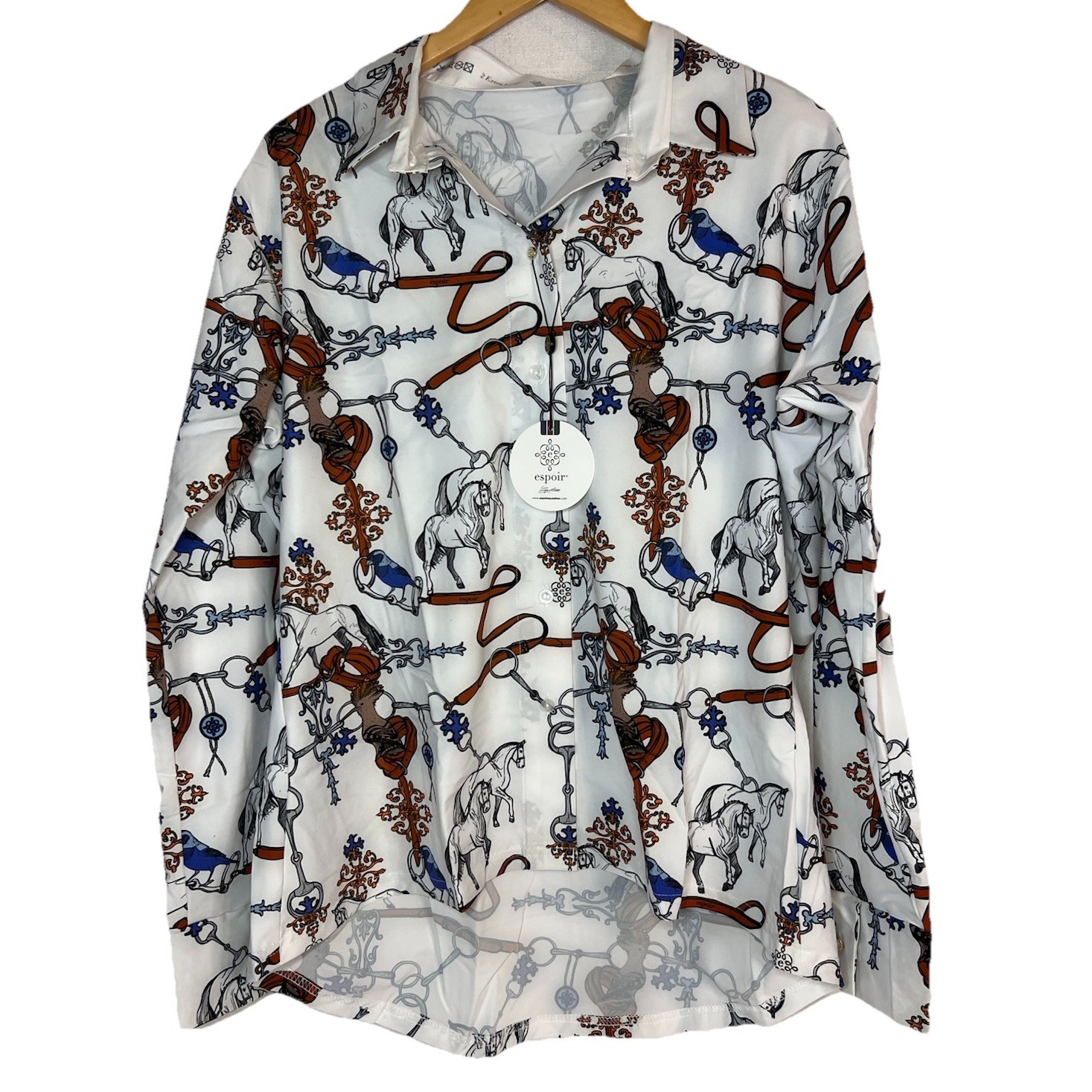 Womens Espoir Equestrian Wear White Horse Print Button Down NWT Size 2XL