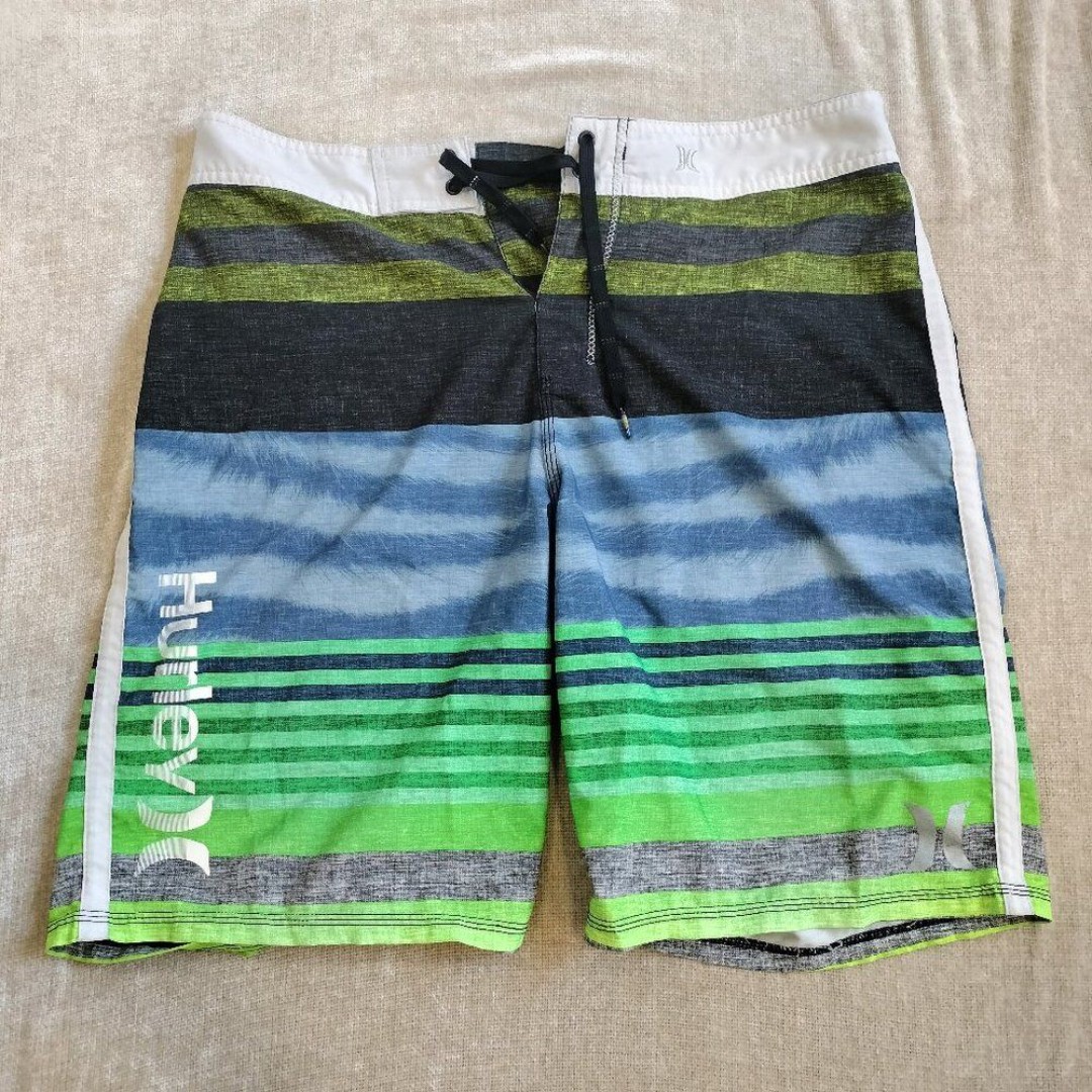 Hurley Men's Board Shorts Green Multi-Colored Striped Surf Tie Front Size 36 L