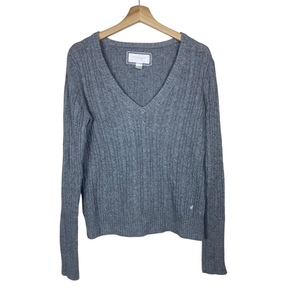 American Eagle Vtg Y2K 00s Sweater XL Cable Knit Ribbed V-Neck Pullover Gray