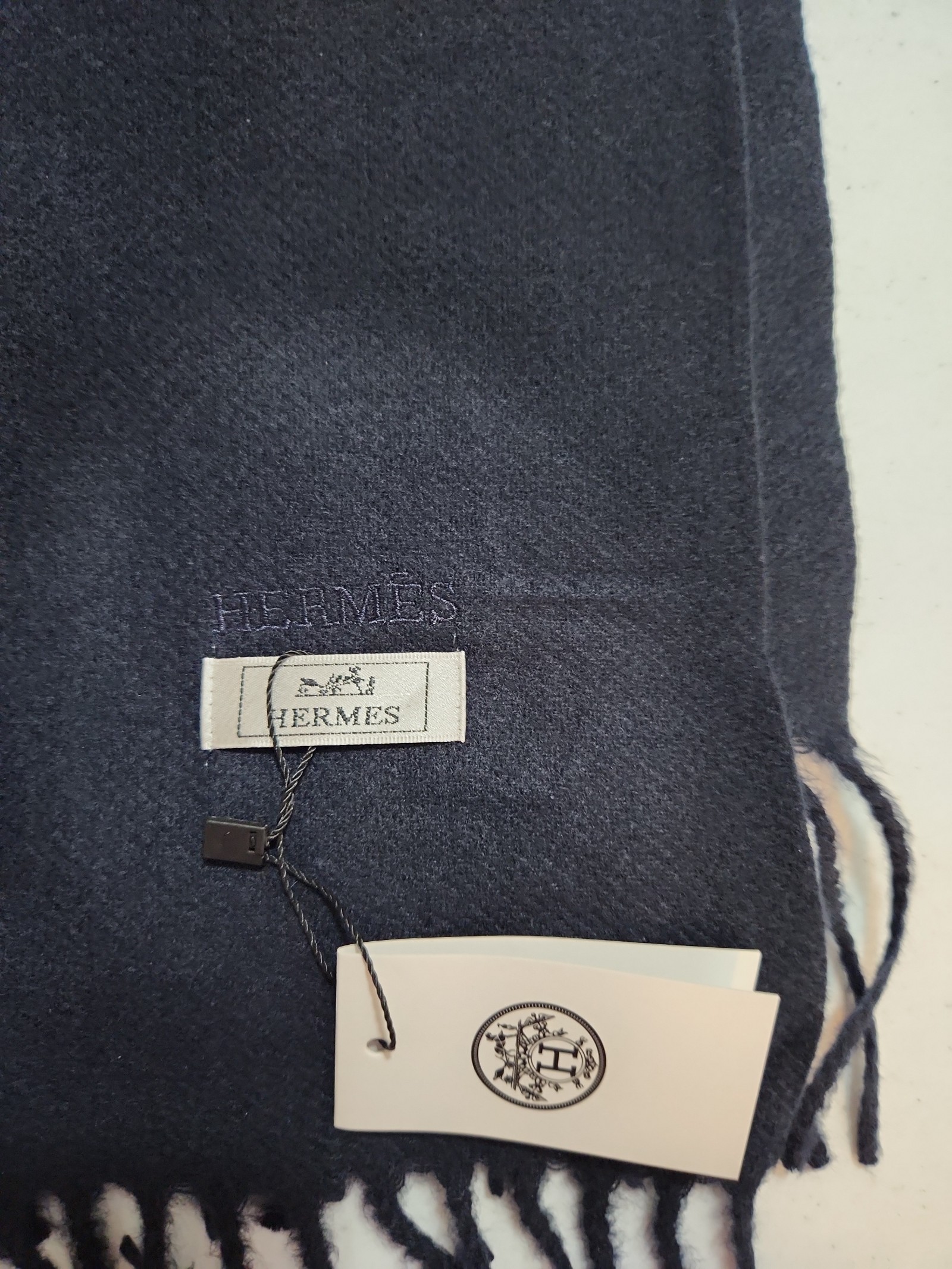 HERMES black scarf with fringe w\tags and bag