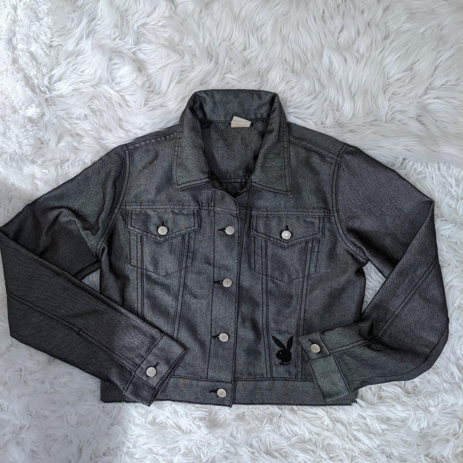 Y2K Playboy Grey with black bunny ladies Jean jacket
