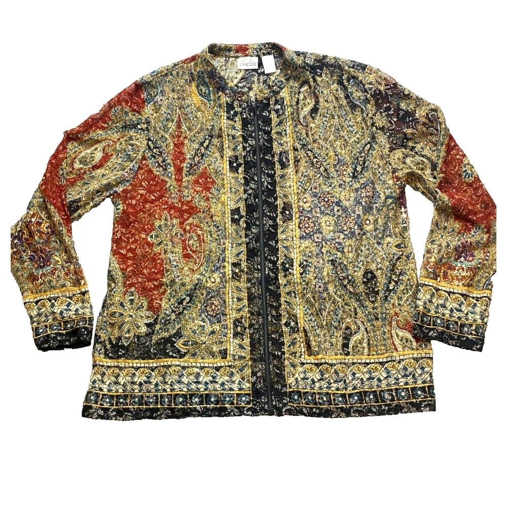 Chicos Jacket Womens 3 Large Lace Black Gold Hippie Peasant Boho Plus Ladies