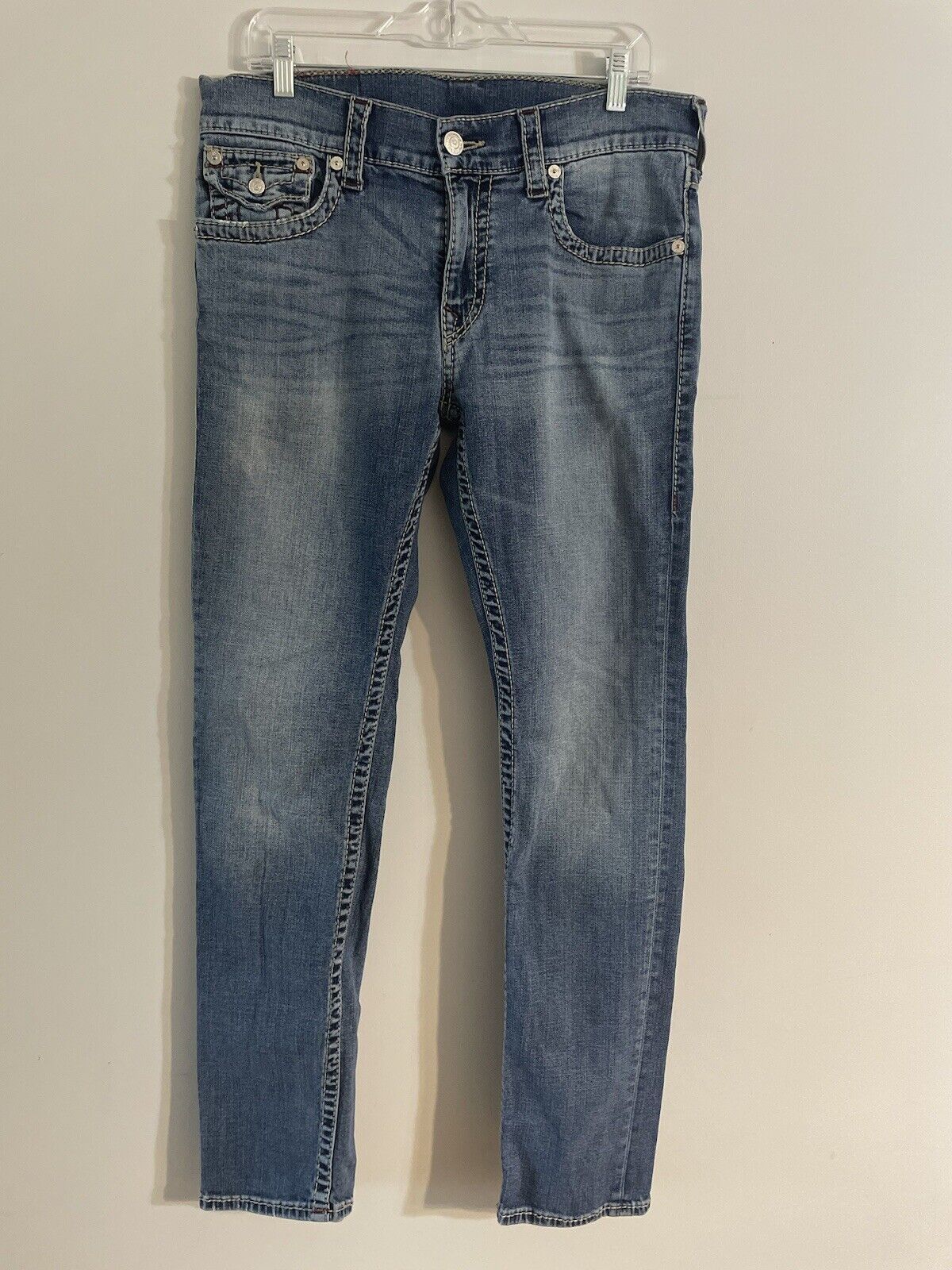 True Religion Jeans Men 33x34 Blue Denim Skinny Tour Horseshoe Big T Ox Blood