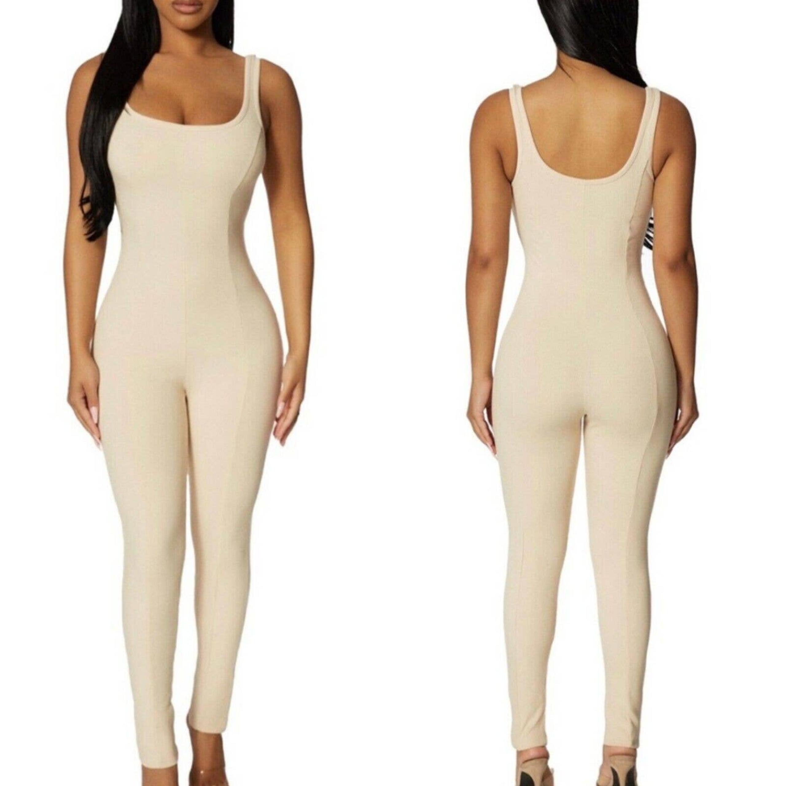 Naked Wardrobe Beige Nude One Piece Ribbed Pants Romper Jumpsuit Tank Top Sz XS