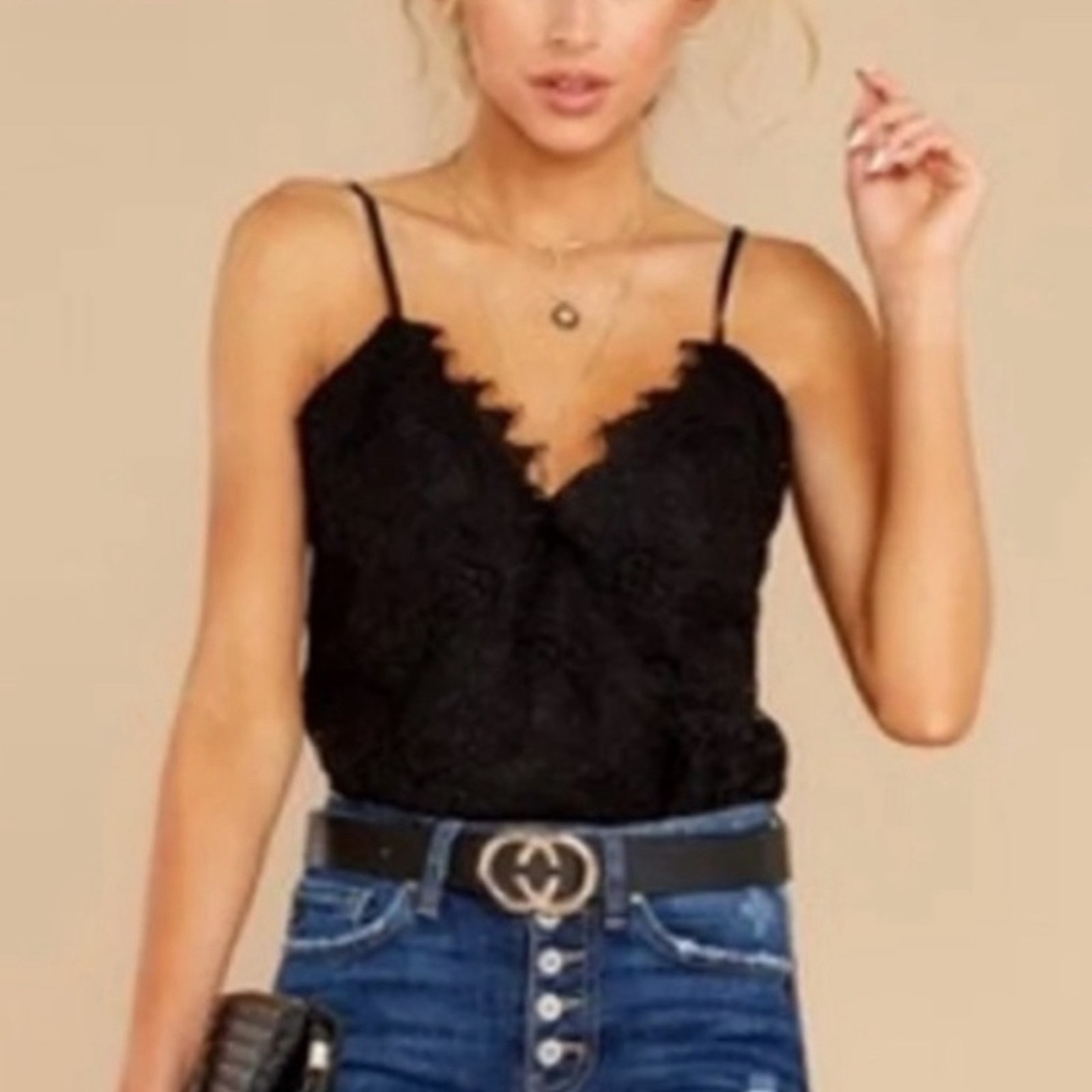 WAYF Black Lizzie Crossover Lace V-Neck Spaghetti Strap Bodysuit Womens