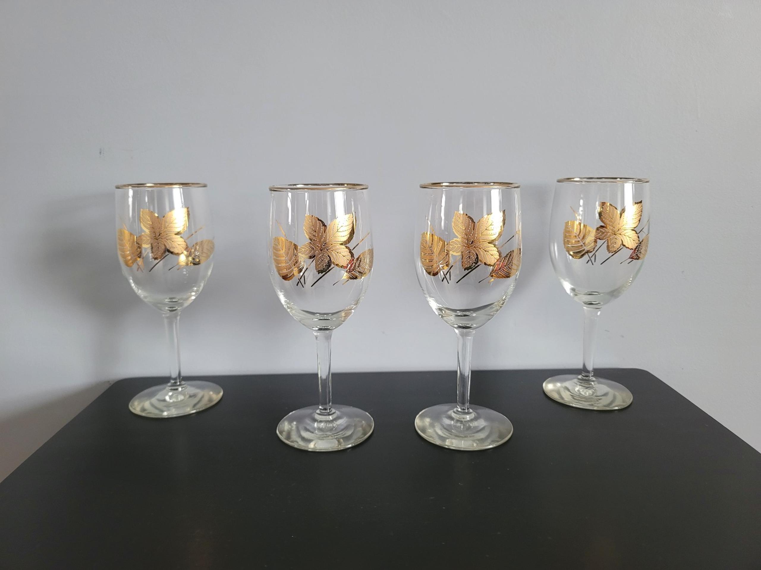 Set of 4 Vintage Libbey Gold Leaves Stem Wine Glasses