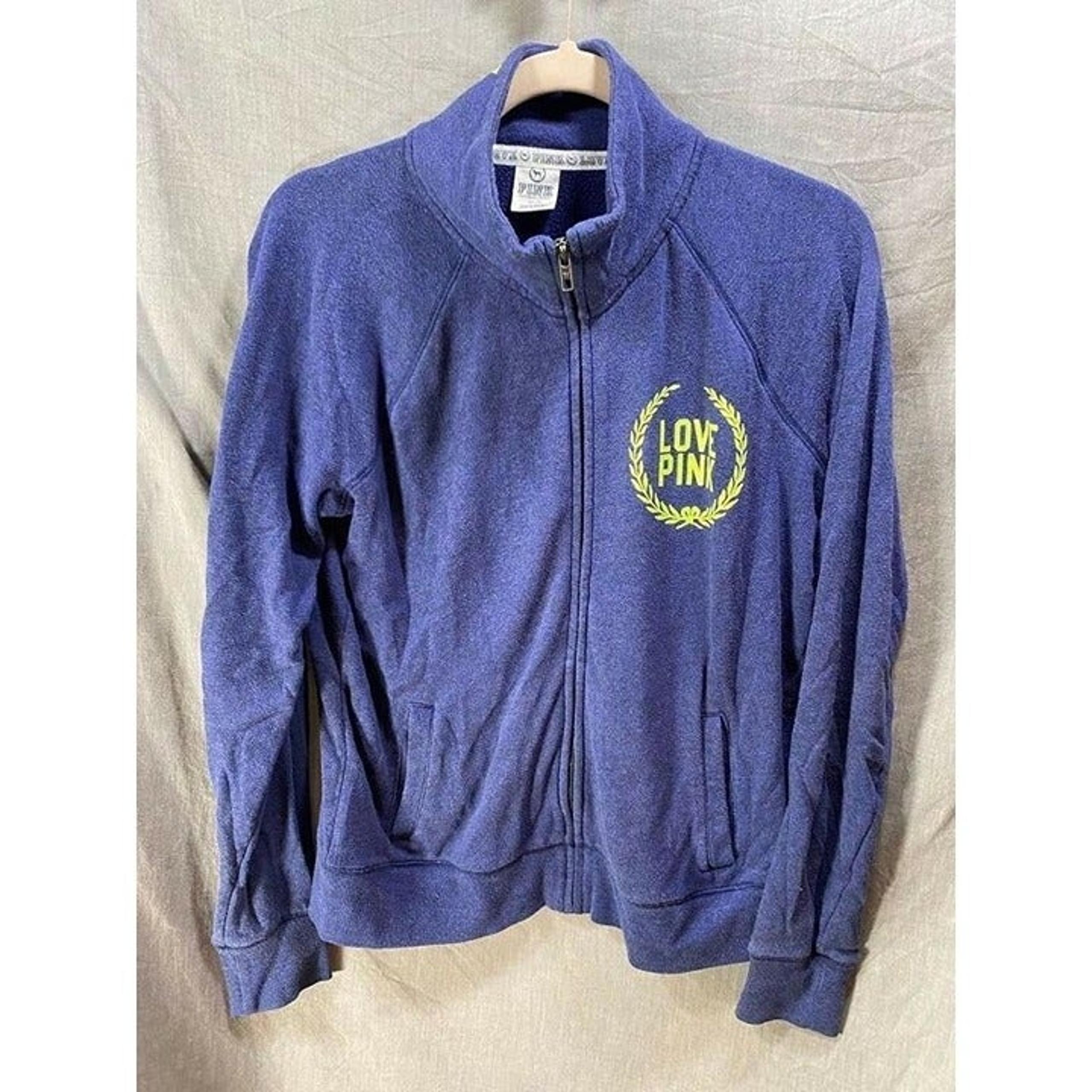 Victoria´s Secret Pink Sweater Womens Medium Blue Logo Long Sleeve Zip Ladies