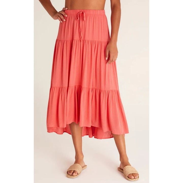 Z Supply Alba Maxi Skirt XL Coral Red Tiered Skirt Boho Chic Casual Party Summer