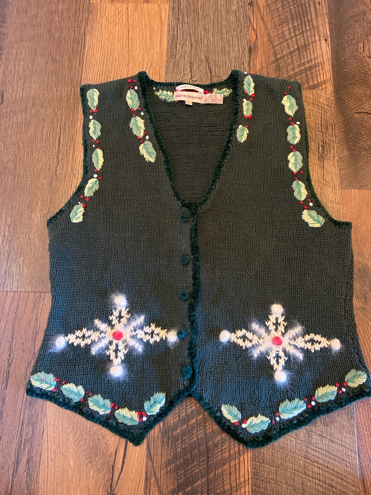 Lauren Hansen Hand Knit Christmas Sweater Vest Large Green Snowflakes Holly