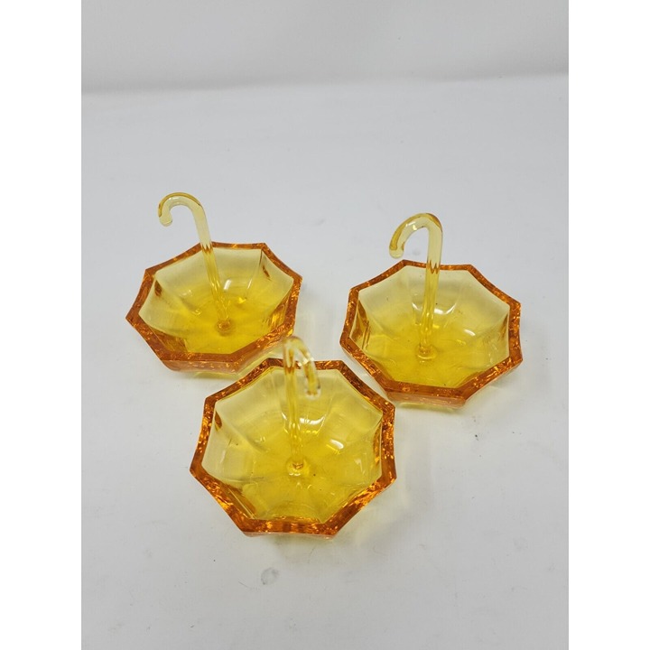 3 Crystal Sevres Signed Art Glass Umbrella Paperweight Yellow Amber 4-1/8”