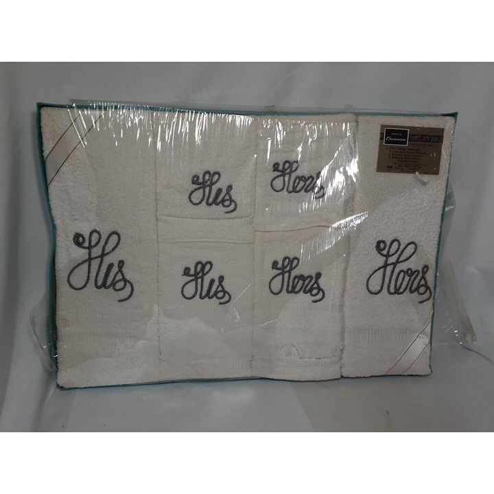 Vtg Cannon White Terry His Hers Towel Set Gray Embroidery 6 Piece w/ Box Unused