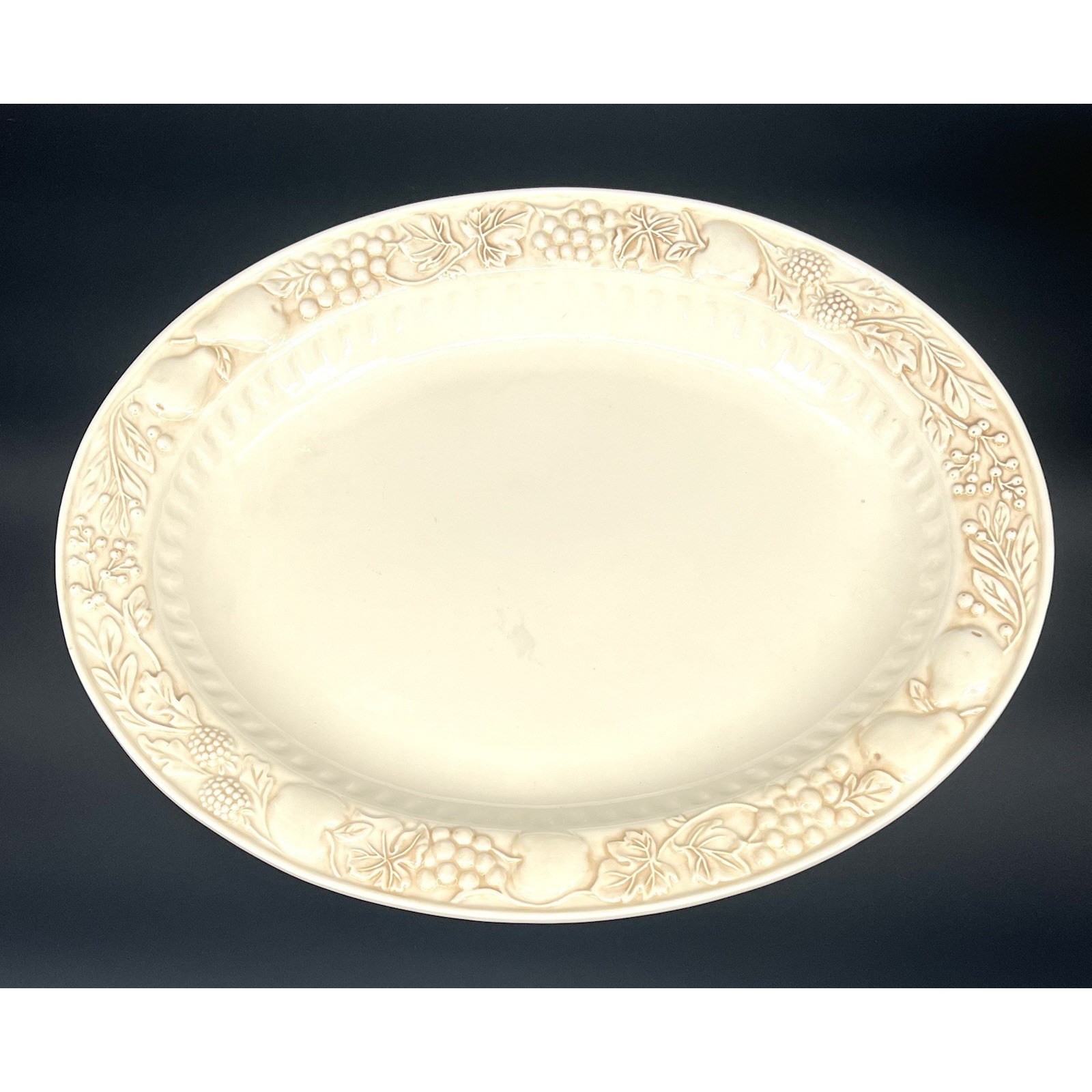 Vintage StoneLite Cream Colored Fruit Embossed Oval Serving Platter 17.5 X14