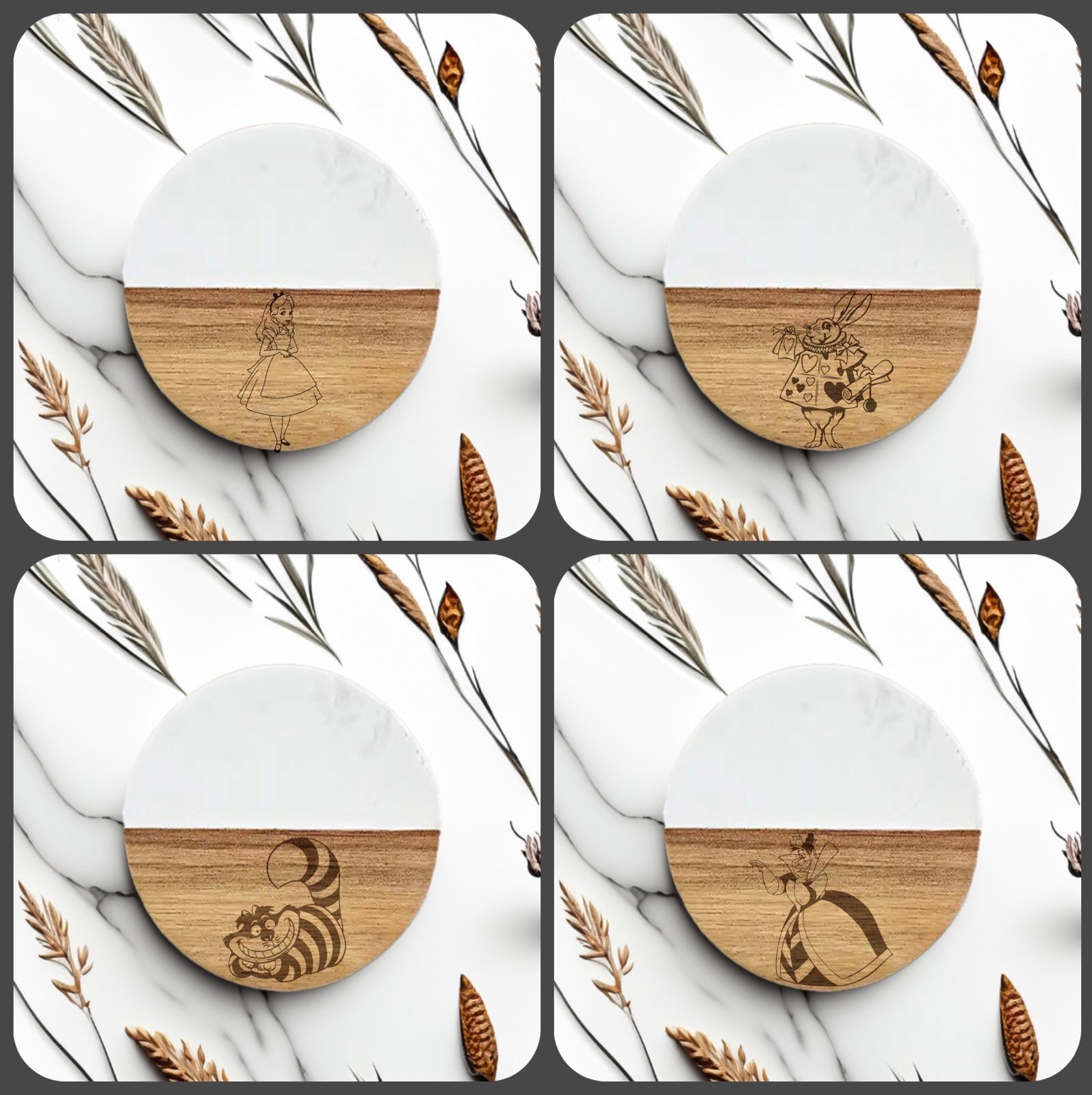 Alice in wonderland set 4 engraved coasters marble and acacia wood