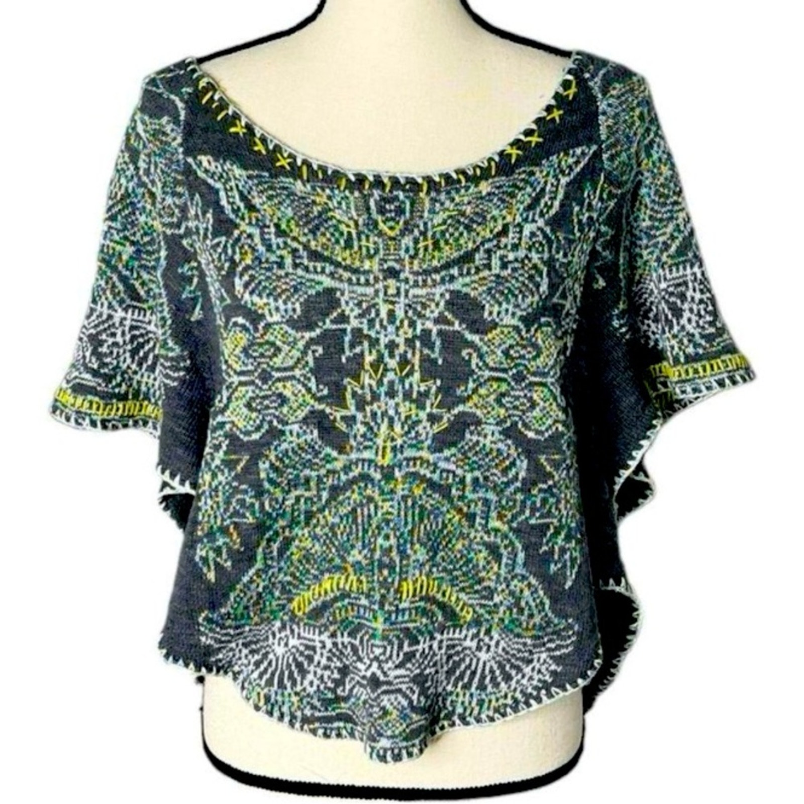 Free people embroidered knit gray green sweater cape boho printed fall large