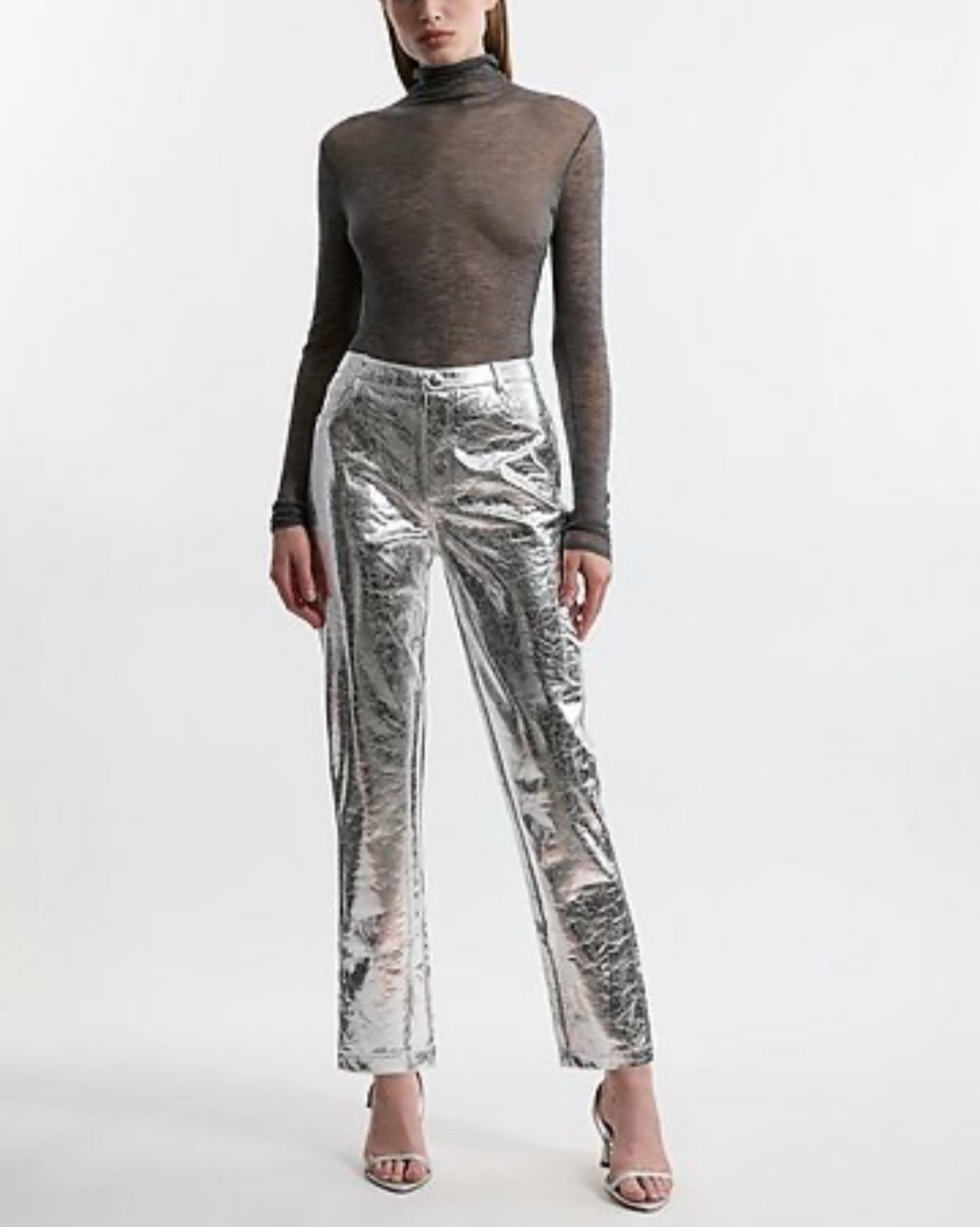 Karen Millen NWT Metallic Faux Leather Straight Pants Size 12 - PEWTER