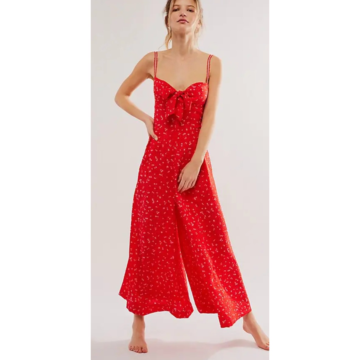 Free People Small Coming Home Wide Leg Romper Cherry Combo
