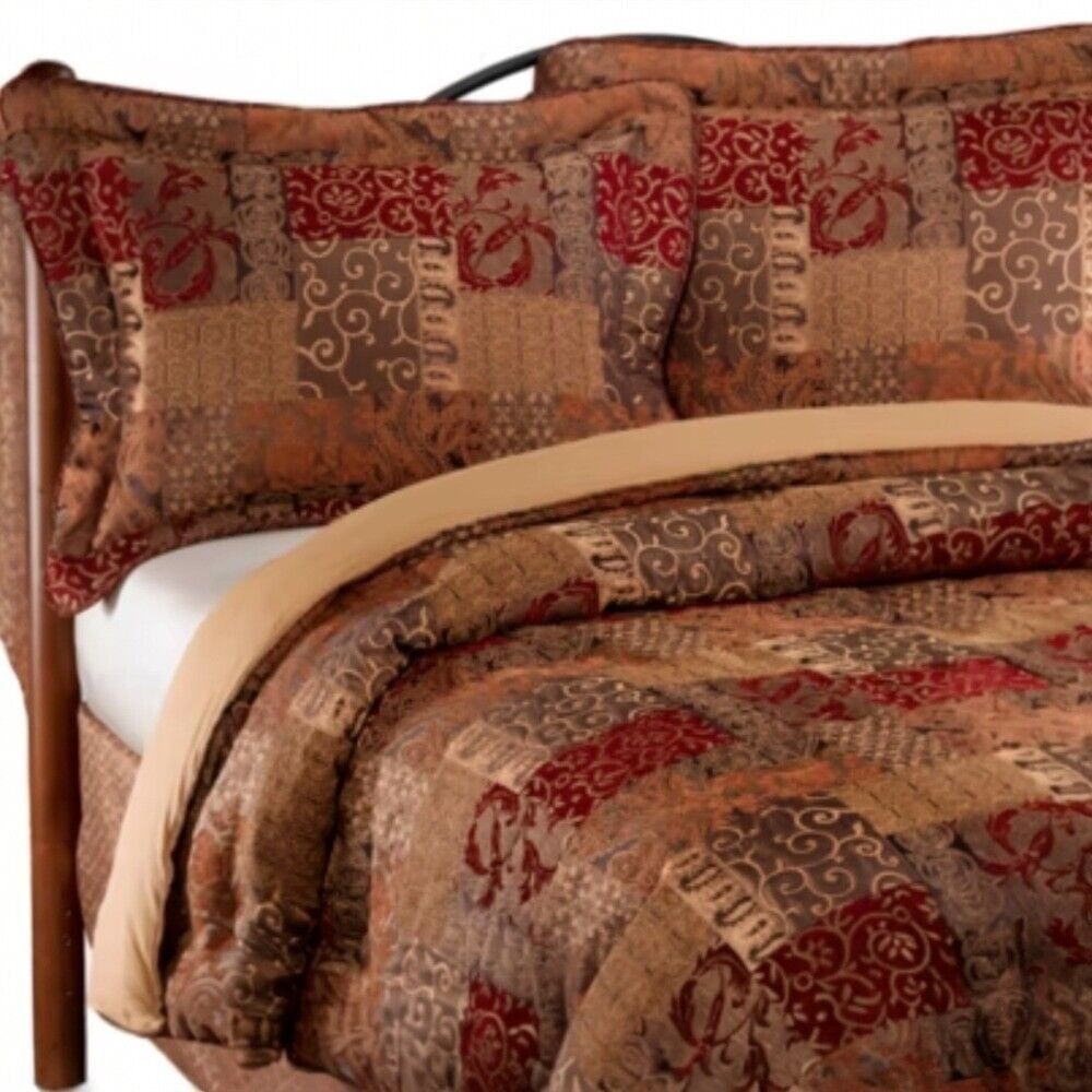 Croscill Galleria Queen 94x91 Comforter Burgundy Gold Jacquard Cord Edge 2 Shams