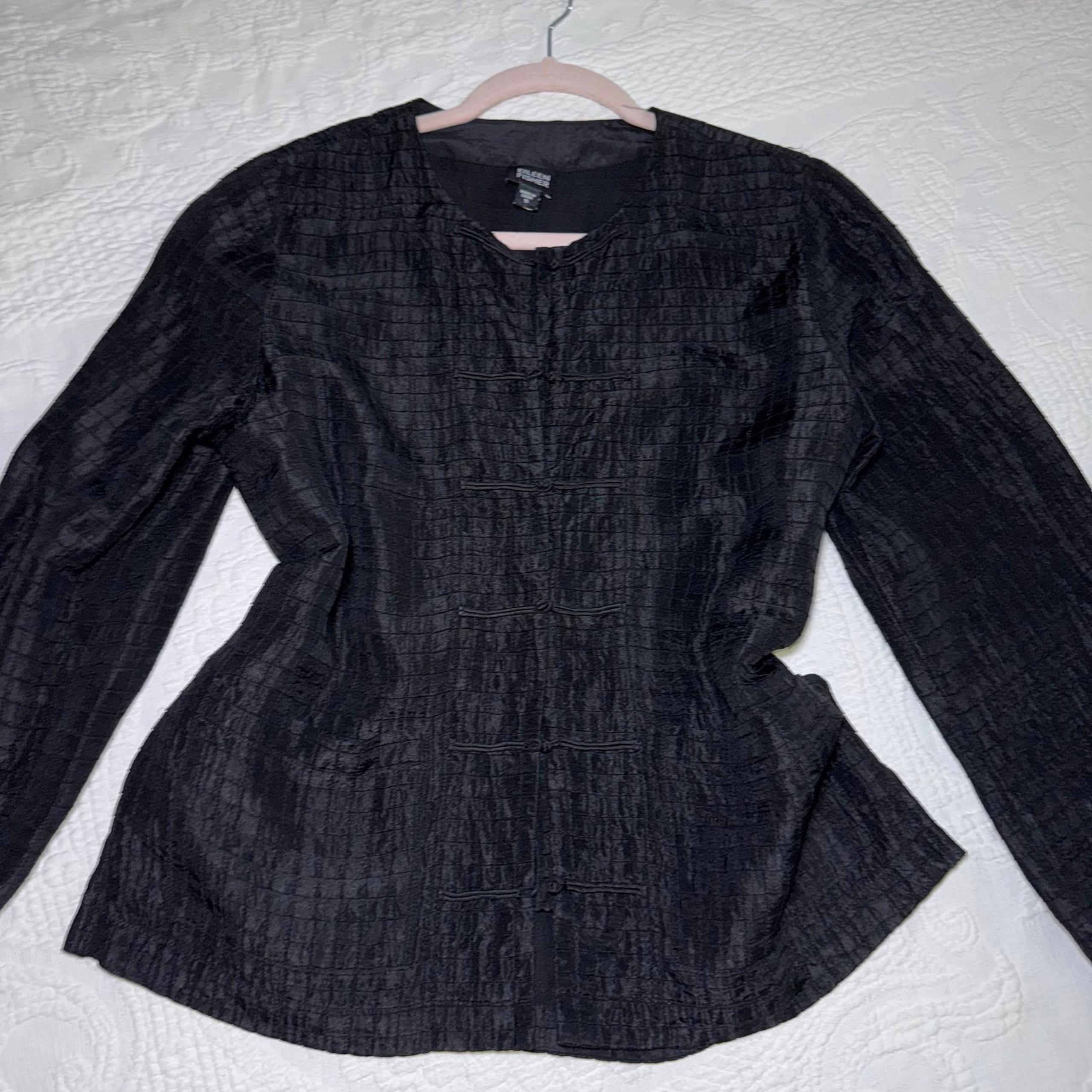 Eileen Fisher Silk Linen Textured Jacket Small Black French Knot Button Front
