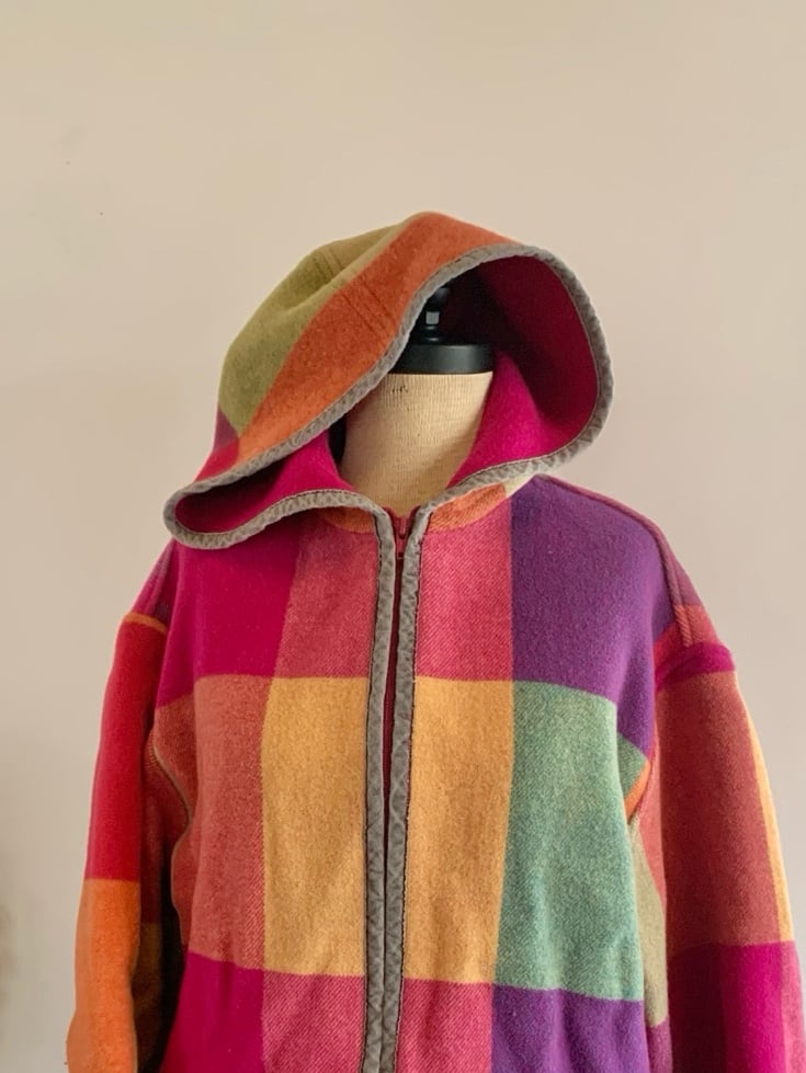 vintage Neiman Marcus Wool blend plaid quilt jacket blanket coat with hood