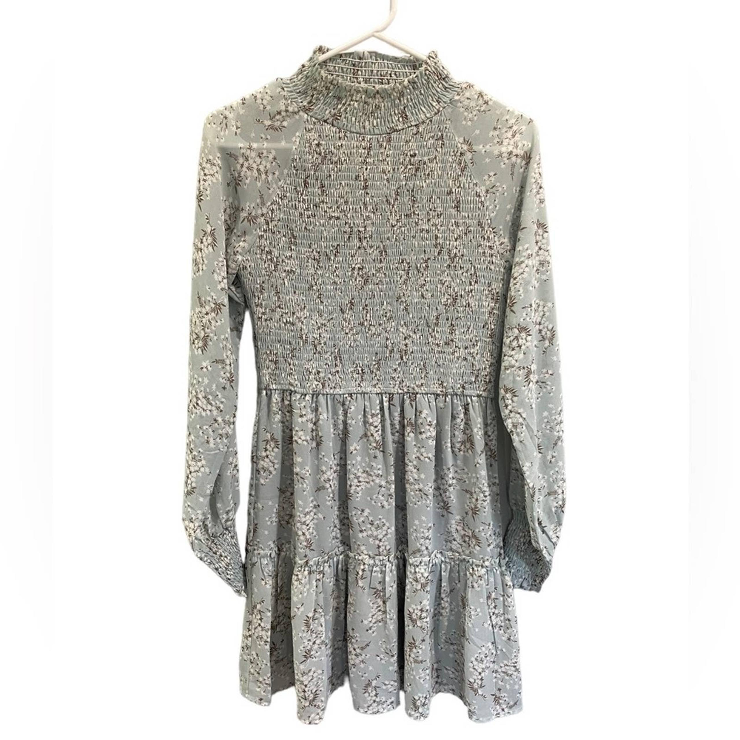 Storia Blue Floral Print Smocked Mini Elastic Dress Size Small