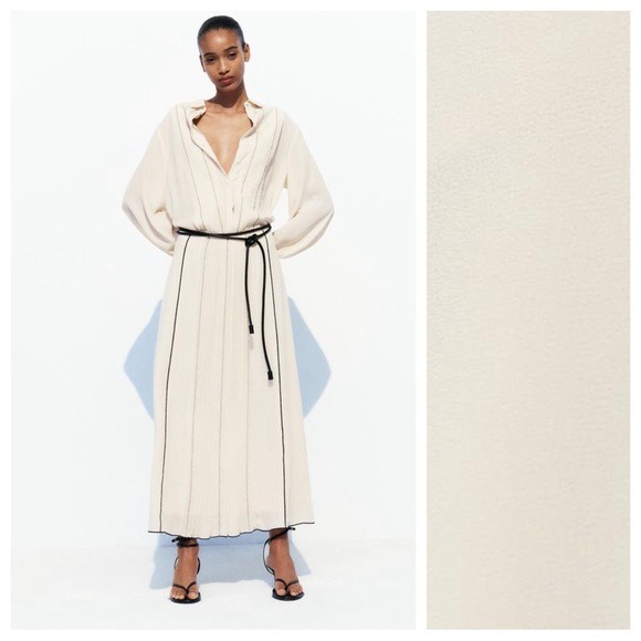 NWT. Zara Ecru High-Waist Midi Skirt with Pintucks and Contrast Seams. Size S.