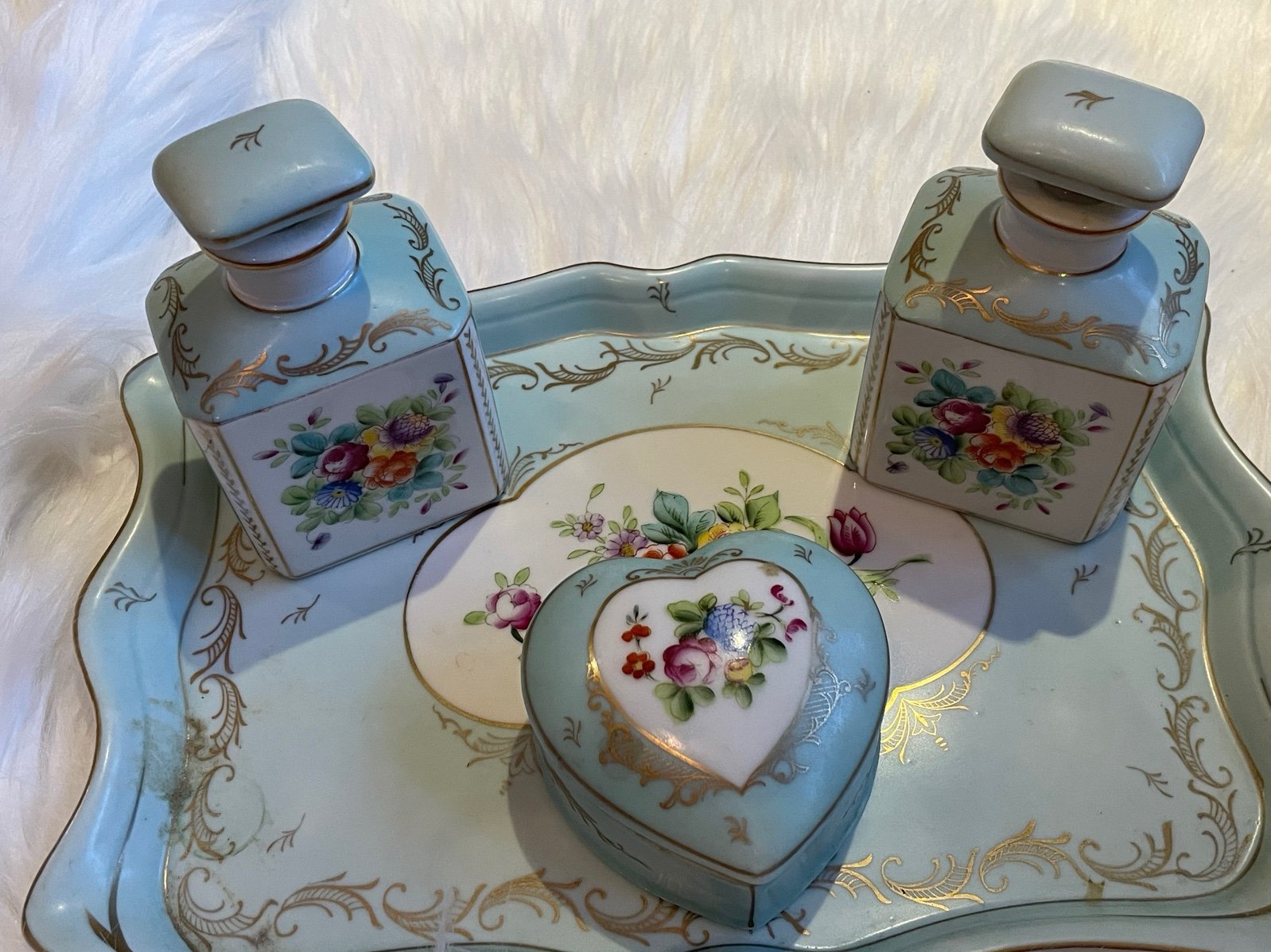 Vintage Blue Floral Parisienne Porcelain Vanity Set