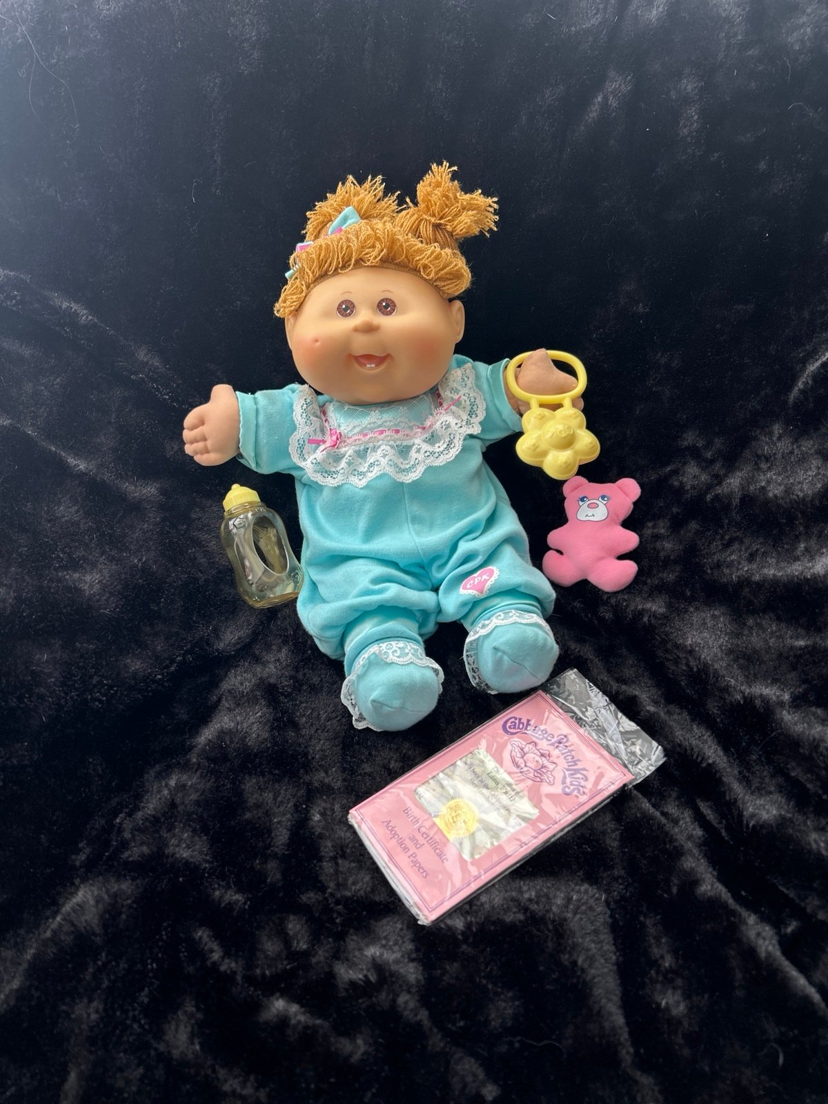 2004 Cabbage Patch Kids Baby Doll & Baby Bottle, rattle, toy & birth certificate