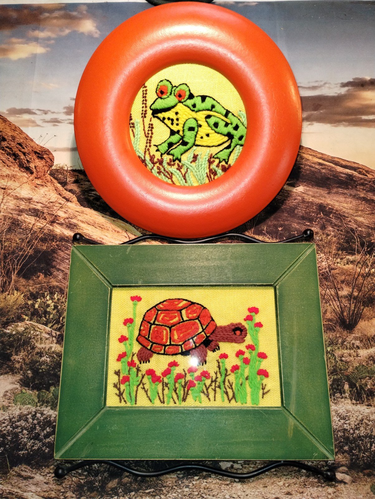 Crewel turtle and frog framed