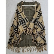 Coco Carmen Sweater Vest Wrap Cardigan Tan Gray Tartan Plaid Fringed One Size