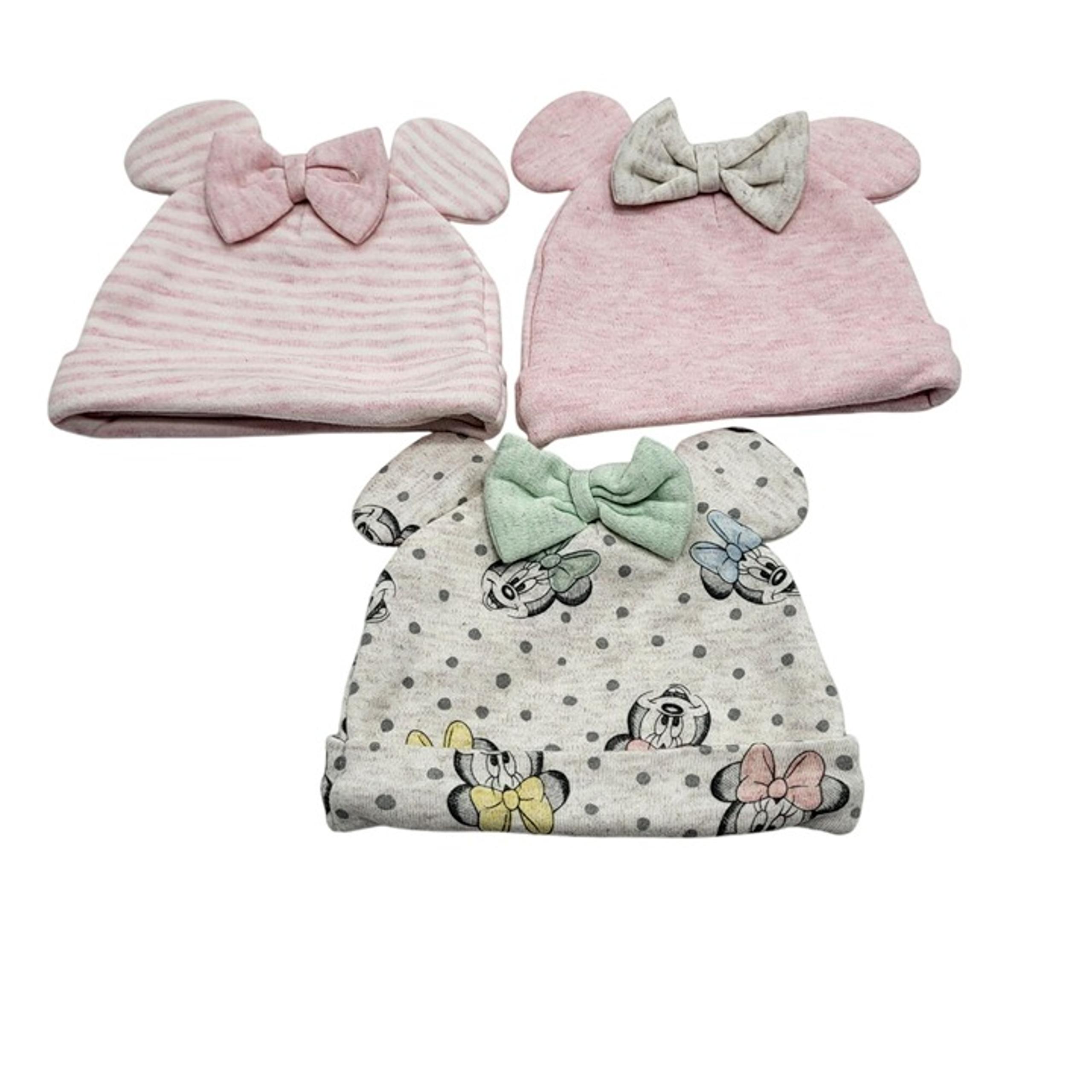 Disney Baby Minnie Mouse Newborn Infant Beanies Ears & Bow Pink Grey Set of 3