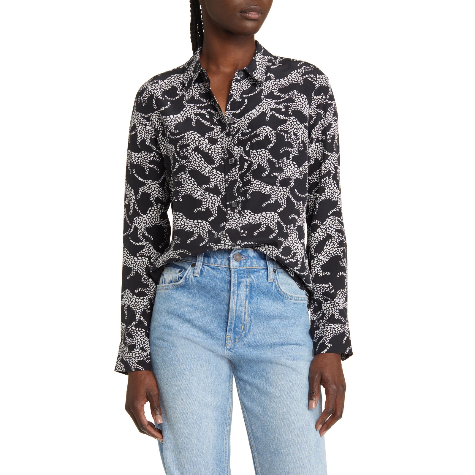 Rails 'Kate' Black Lynx Animal Print Silk Button-Up Shirt Size S