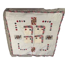 Vtg Embroidered Playing Cards Tablecloth & Napkins Linen Cotton Fringed Italy