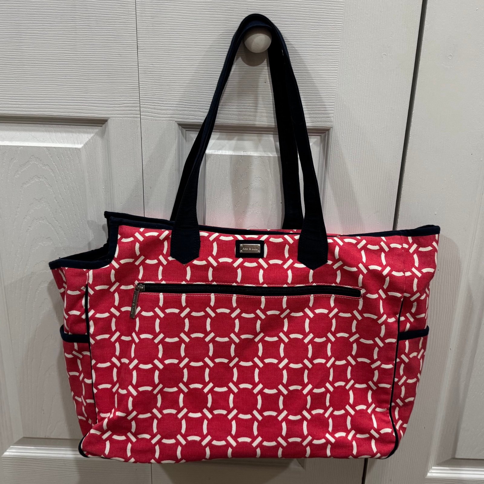 Ame & Lulu Cabana Tennis Court Bag Tote Coral White Rings Large Durable RARE EUC
