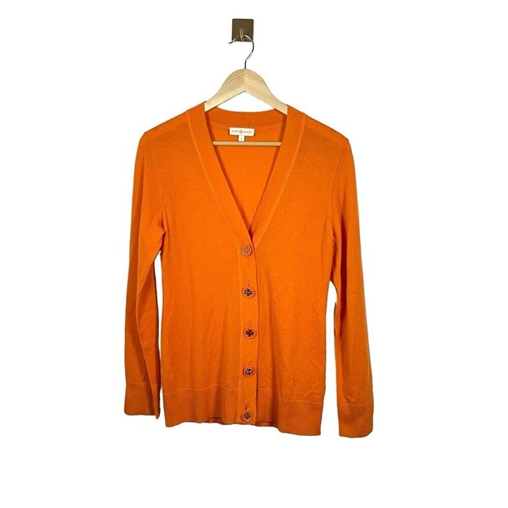 Tory Burch Simone Merino Wool Cardigan in Orange Size S