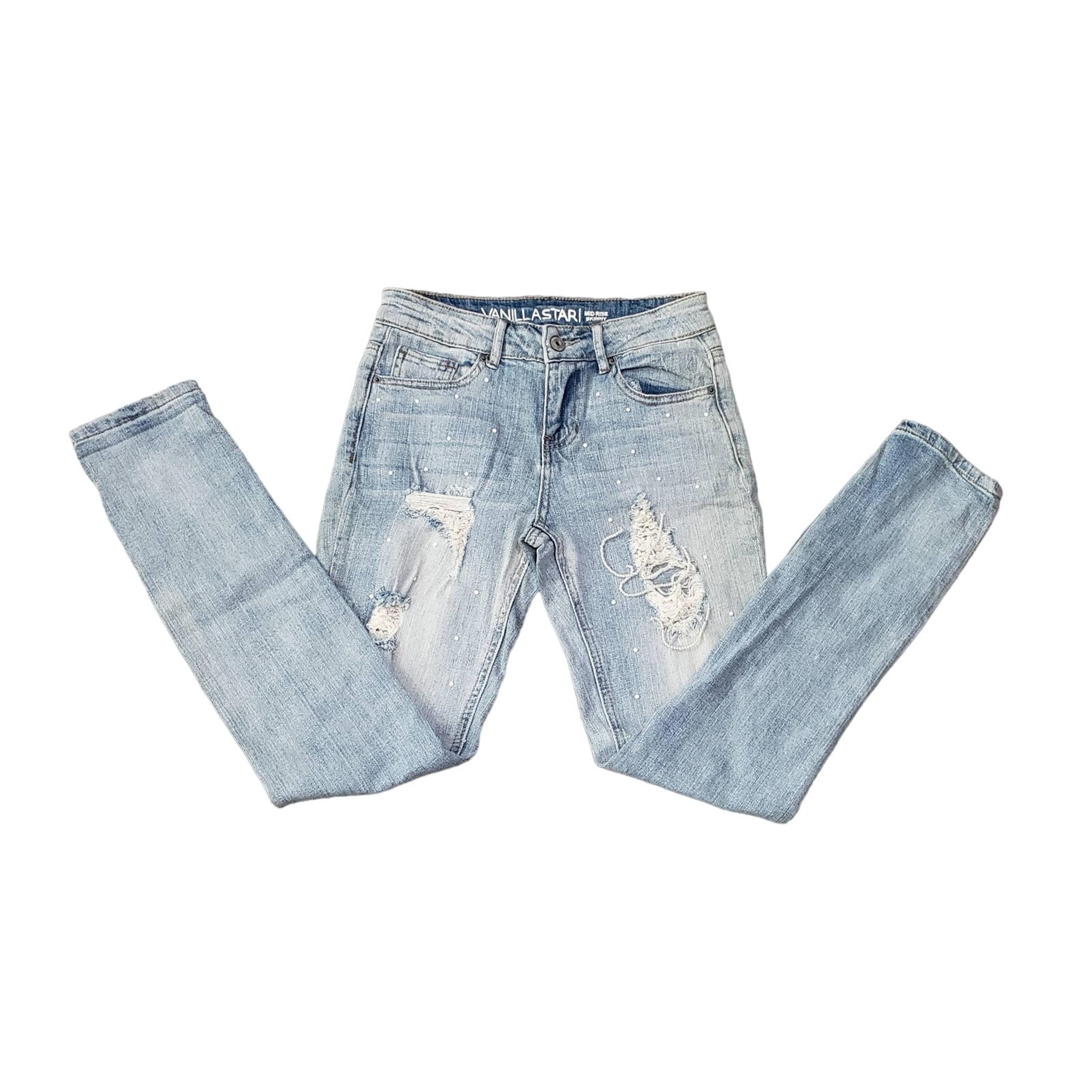 Vanilla Star Light Washed Distressed Faux Pearl Strings Mid Rise Skinny Jeans