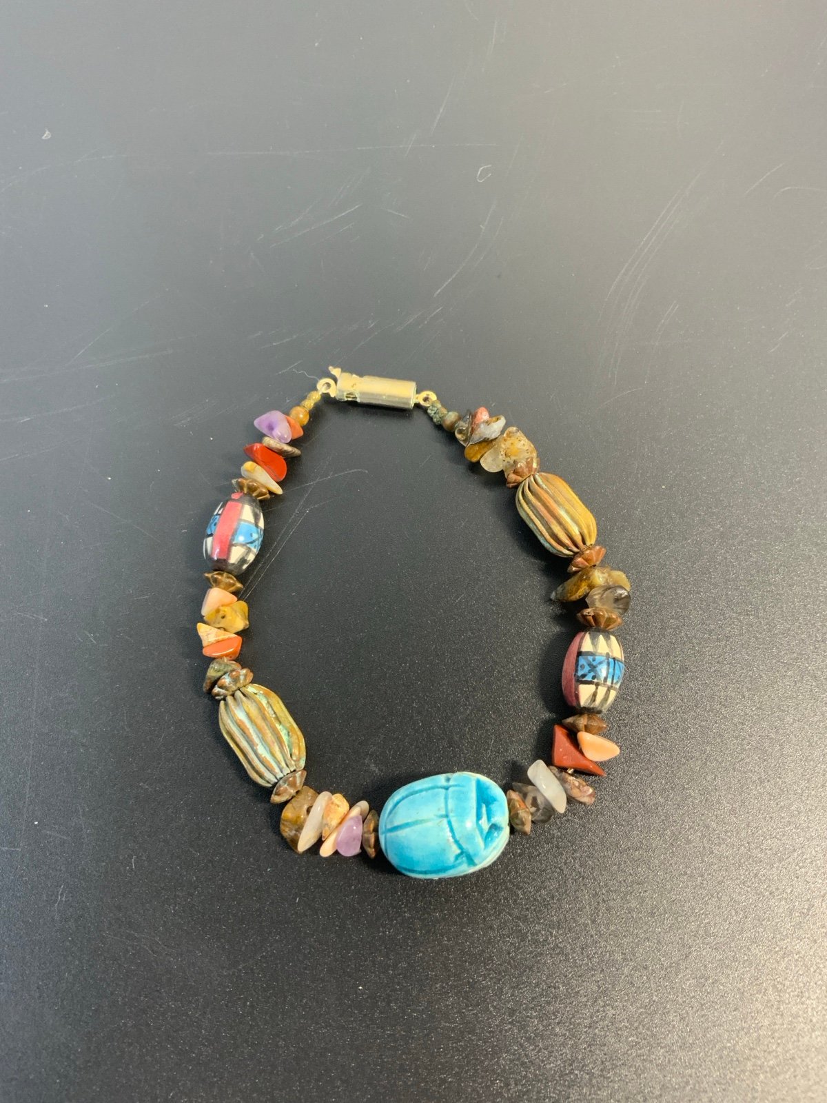 Vintage Egyptian Scarab Revival Style Multicolored beaded bracelet 7”