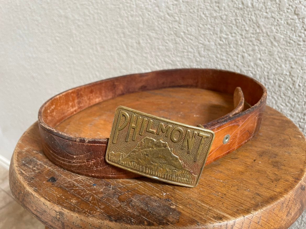 Vintage Philmont Brass Buckle & Tooled Leather Belt size 34 BSA Boy Scout