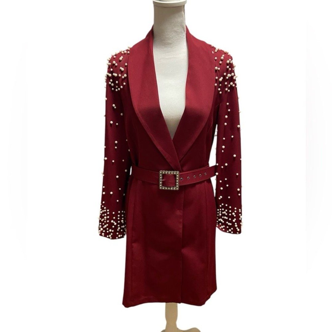 Turk Moda fashion blazer dress burgundy embellished belted Large
