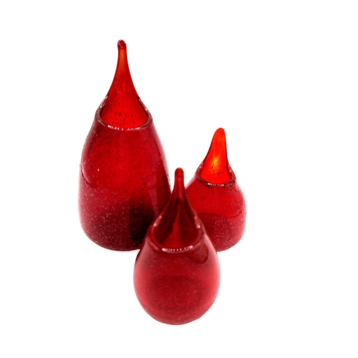 Set of 3 Vintage Red Bubble Hand Blown Art Glass Bubbles Thrown Stretch Vases